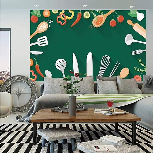 Amazon Com Kitchen Decor Wall Mural Kitchenware Utensils Vegetables Spices Cooking Creative Recipe Home And Cafe Design Print Self Adhesive Large Wallpaper For Home Decor x1 Inches Green Red Home Kitchen