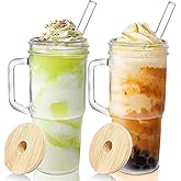 Glass Cups with Lids and Straws 2 Packs - 24oz Glass Tumbler with Handle, Mason Jar with Lid and Straw -Wide Mouth Reusable Drinking Glasses for Iced Coffee Smoothie Matcha Cocktail Whiskey Milk