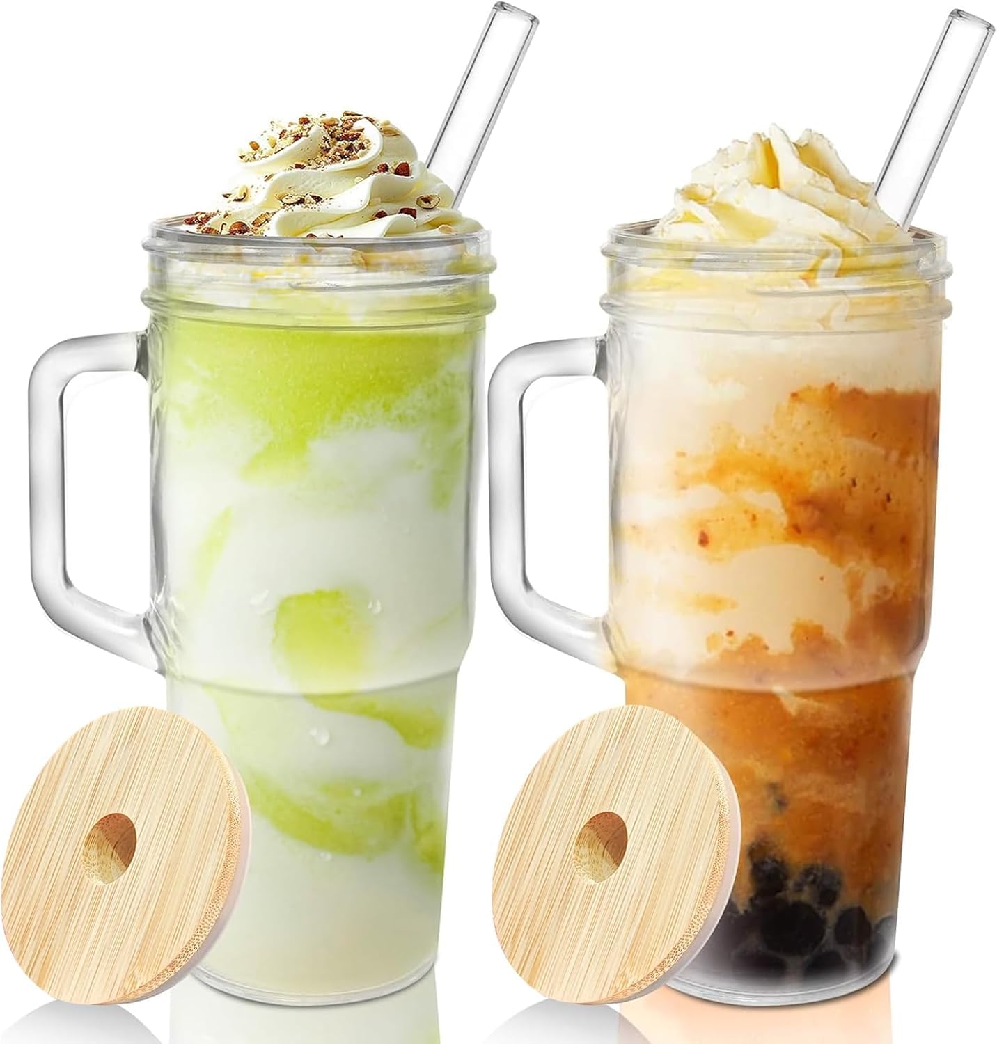 Glass Cups with Lids and Straws - 2 Packs - 24 Oz Glass Tumbler with Handle, Glass Jar with Lid and Straw - Wide Mouth, Reusable Ice Coffee Cups
