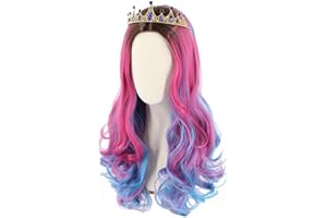 Topcosplay Kids Child Girls Wig Long Wavy Pink Mixed Blue Halloween Costume Party Wig Black Roots