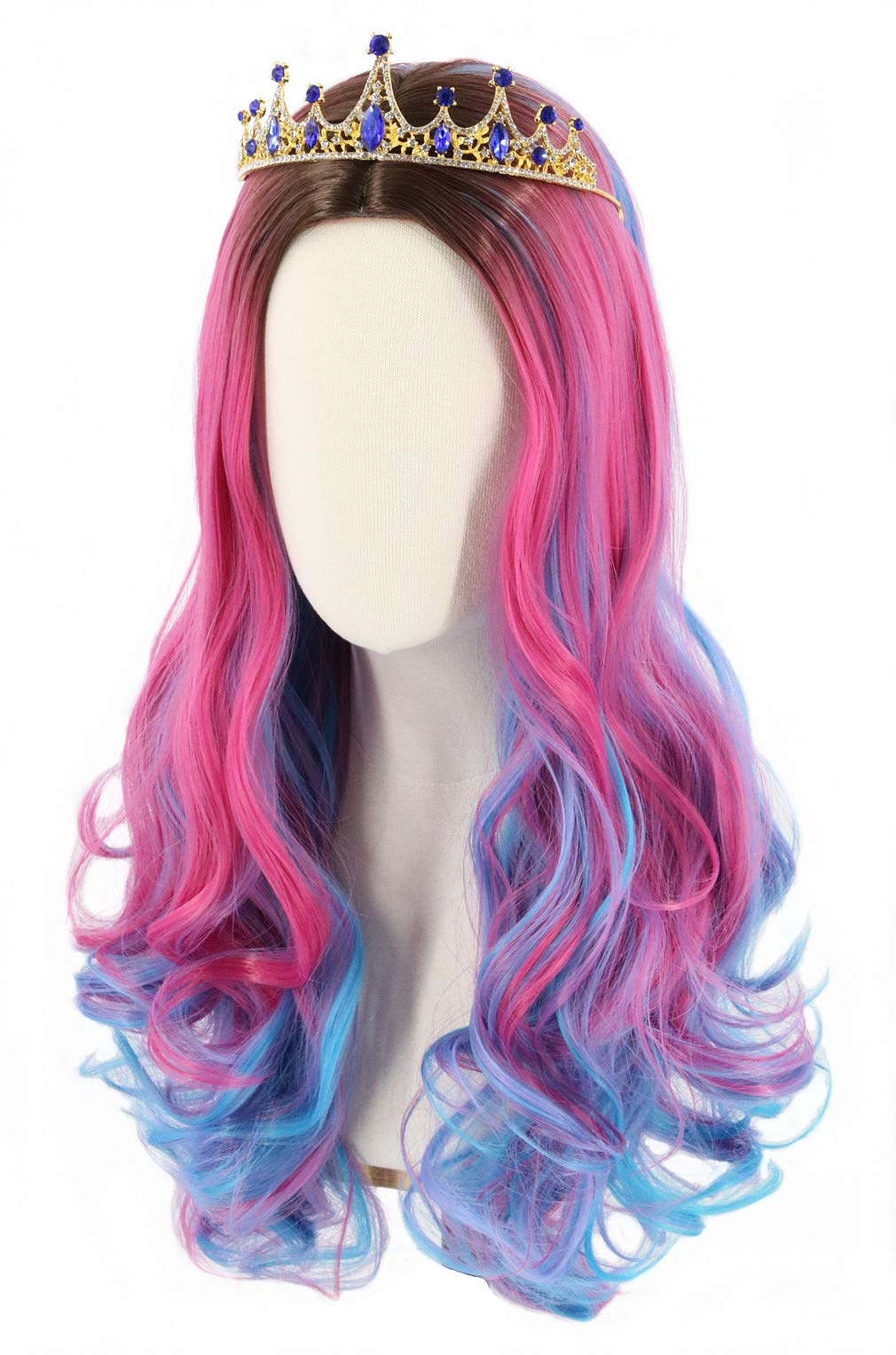 Topcosplay Wig for Women Adults Long Wavy Pink Mixed Blue Wig Curly Costume Halloween Fancy Dress Wigs