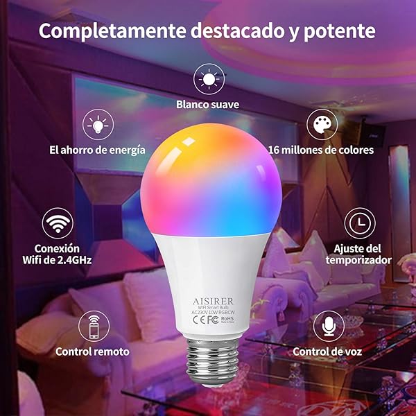 Bombilla LED Inteligente WiFi AISIRER 10W 1000LM E27 Lmpara WiFi Bombilla Luces ClidasFras RGB Funciona con Alexa Echo Echo Dot Google Home 16 Millones de Colores Equivalente 90 W 2 Pack