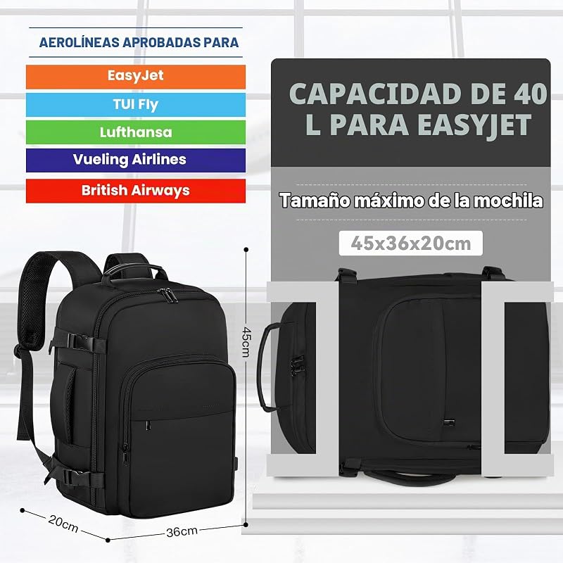 Equipaje de Mano Mochila de Viaje 45 × 36 × 20 para Easyjet, 40 L Maletas de Cabina Bolsa de Viaje Mochila Casual Asiento Inferior Equipaje de Mano Mochila para Portátil de 17 Pulgadas Escuela — foto 2 de 7