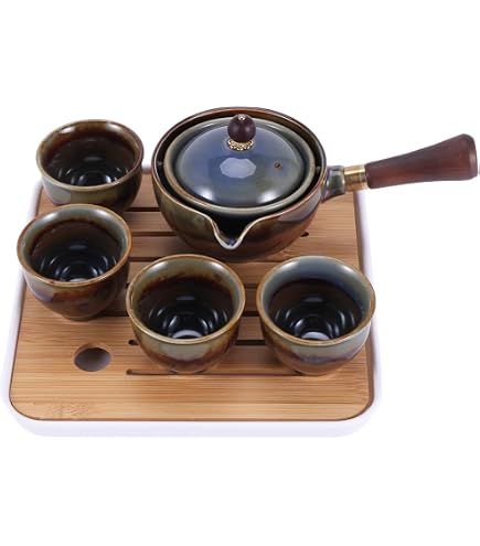 Fiorky Service à thé chinois portable 190 ml Gongfu Kung Fu Théière rotative à 360° Théière en céramique Infuseur Semi-automatique Poignée en bois Pot