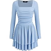 CIDER Ruched Long Sleeve Mini Dress Square Neck Tiered Skirt