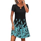 HOTOUCH Women's Casual A-Line Dress with Pockets Summer Beach Floral Tshirt Dress Short Sleeve Mini Dress Flowy Sundresses