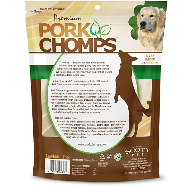 PORK CHOMPS BAKED PORK SKIN DOG CHEWS, 7-INCH KNOTS, 8 COUNT
