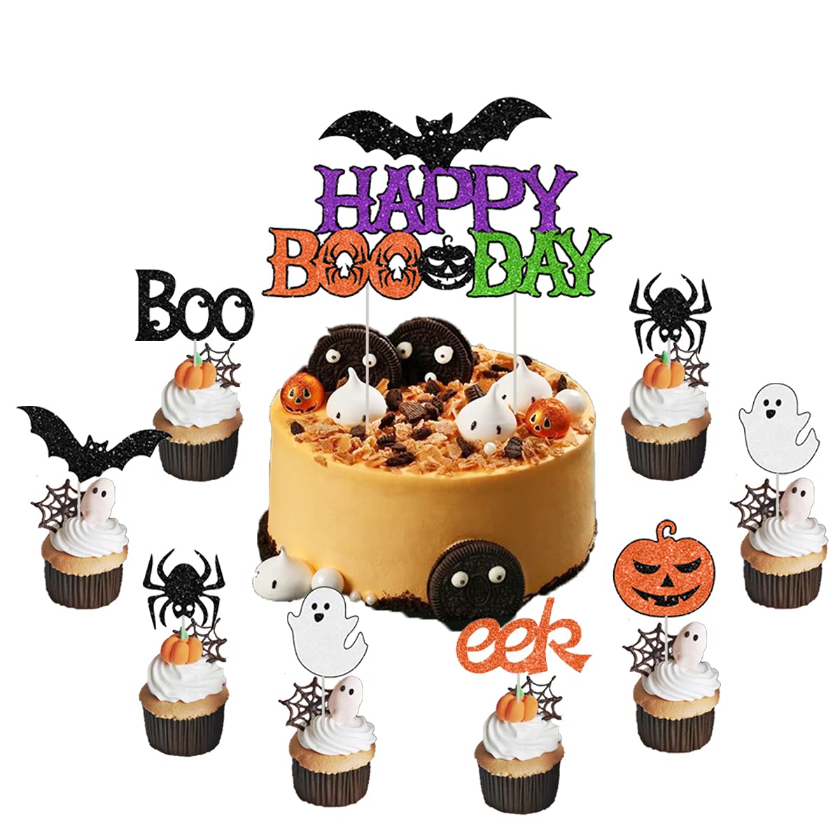 Kreatwow 25Pcs Halloween Birthday Cake Decorations Halloween Cupcake Decorations Set Happy Boo Day Cake Topper Ghost Cupcake Toppers Eek Bat Spider Pumpkin Sign for Halloween Party Supplies Themed