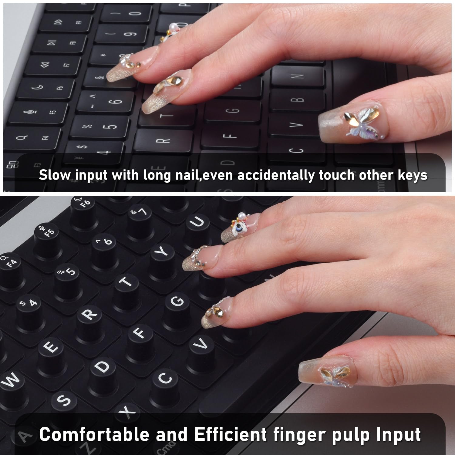 MacBook Keyboard Cover for Long Nails, 2024-2021 MacBook Pro 14/16 M4 4 M3 M2 M1 Silicone Raised Keyboard Skin, MacBook Air 13/15 2025 Keyboard Protector for Nail Art, Black - Image 2