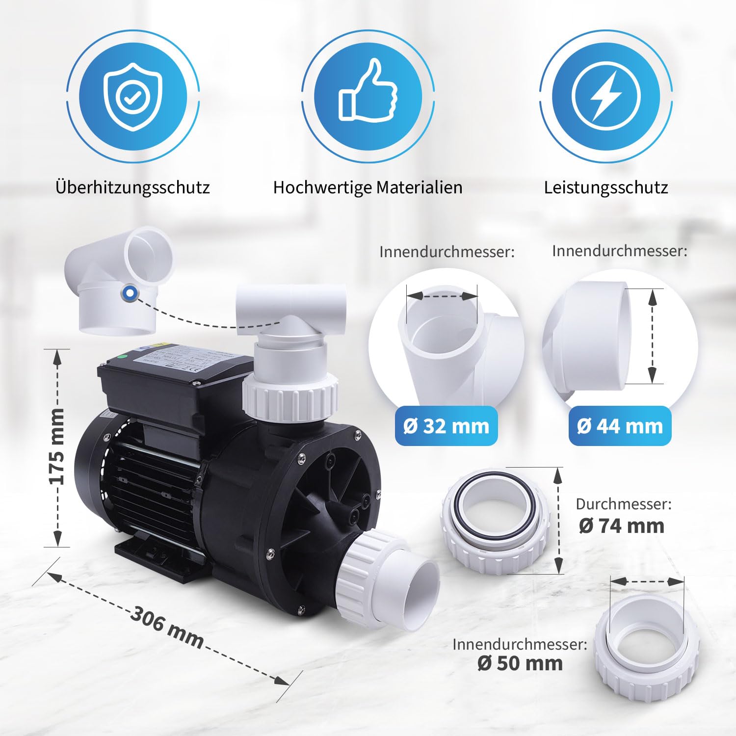 AQUADE Whirlpoolpumpe Zirkulationspumpe Umwälzpumpe Filterpumpe SPA-Pumpe Whirlpool-Pumpe Pneumatik mit TÜV und CE Zeichen 0.55 KW / 0.75 HP 4