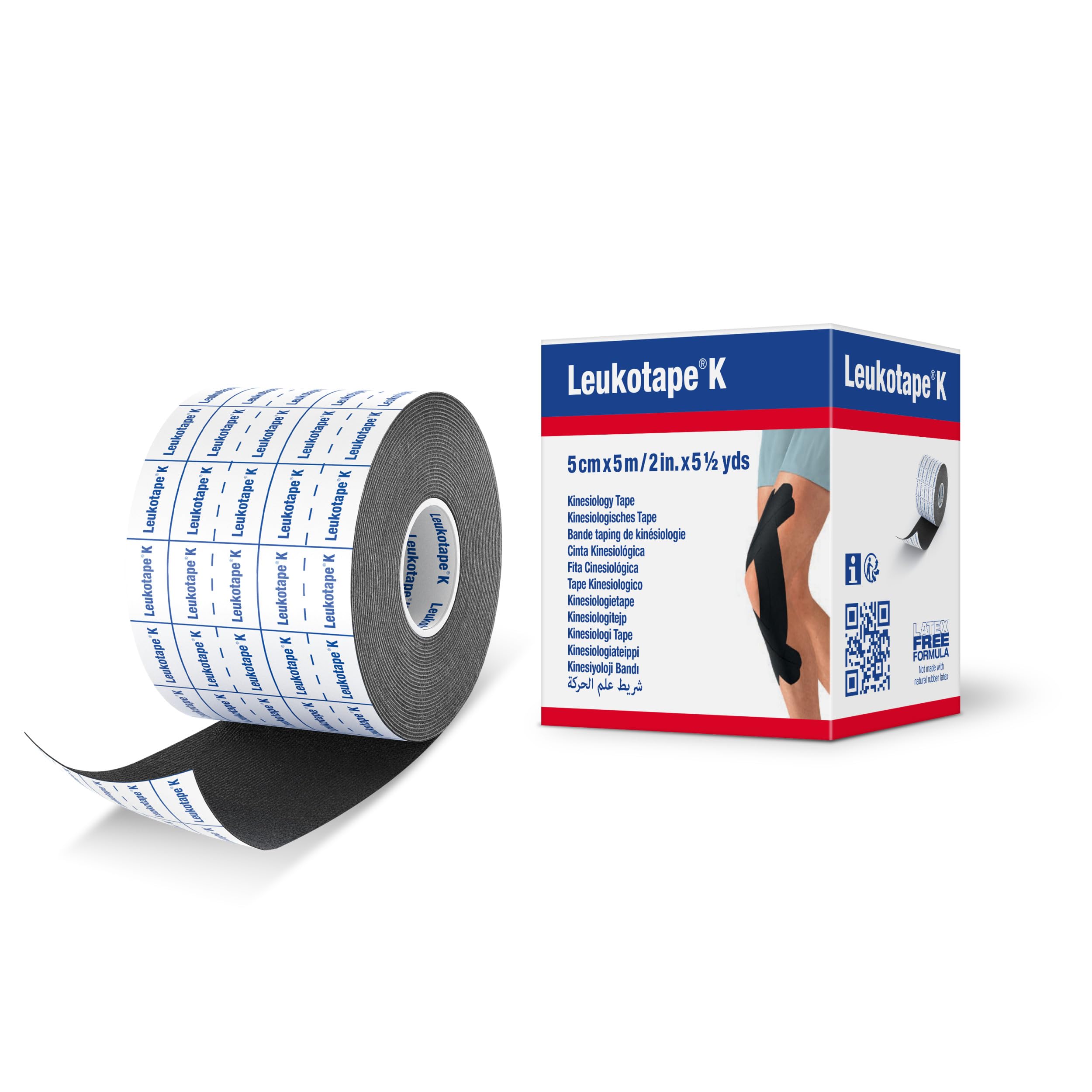 Leukotape K Kinesiology Tape for Muscle Support and Pain Relief - 5cm x 5m, Black, 1 Roll