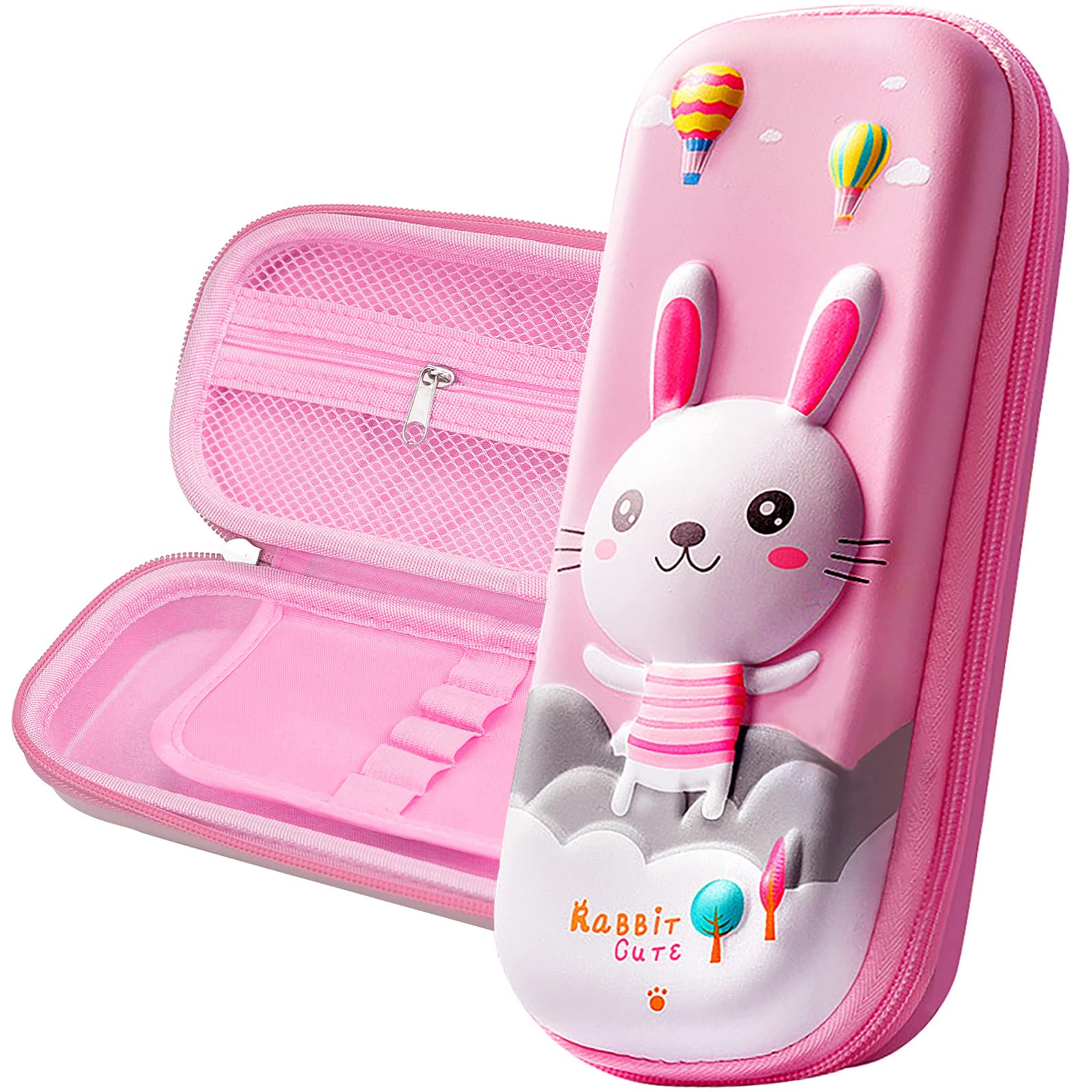 FEWOFJ 3D Rabbit Pencil Case for Kids Girls, Waterproof Pencil Box with Compartments Pen Pouch (Pink)