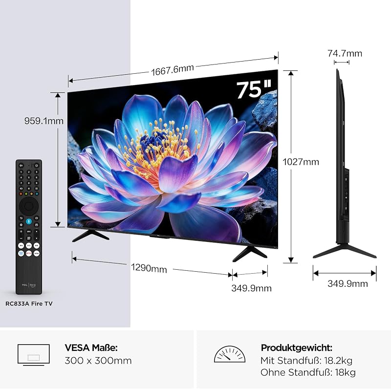 75V6D 75 Zoll, 4K UHD, Smart TV, Fire TV, HDR10+, Dolby Atmos, DTS:X, Game Master, Motion Clarity, AirPlay 2, Kompatibel mit Alexa