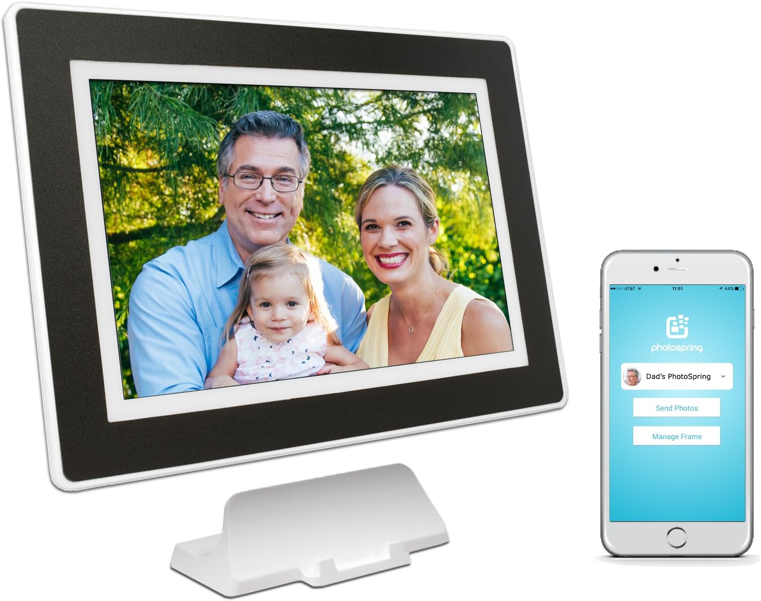 PhotoSpring (16GB) 10-inch WiFi Cloud Digital Picture Frame - Battery, Touch-Screen, Plays Video and Photo Slideshows, HD IPS Display, iPhone & Android app (White/Black Mat - 15,000 Photos)