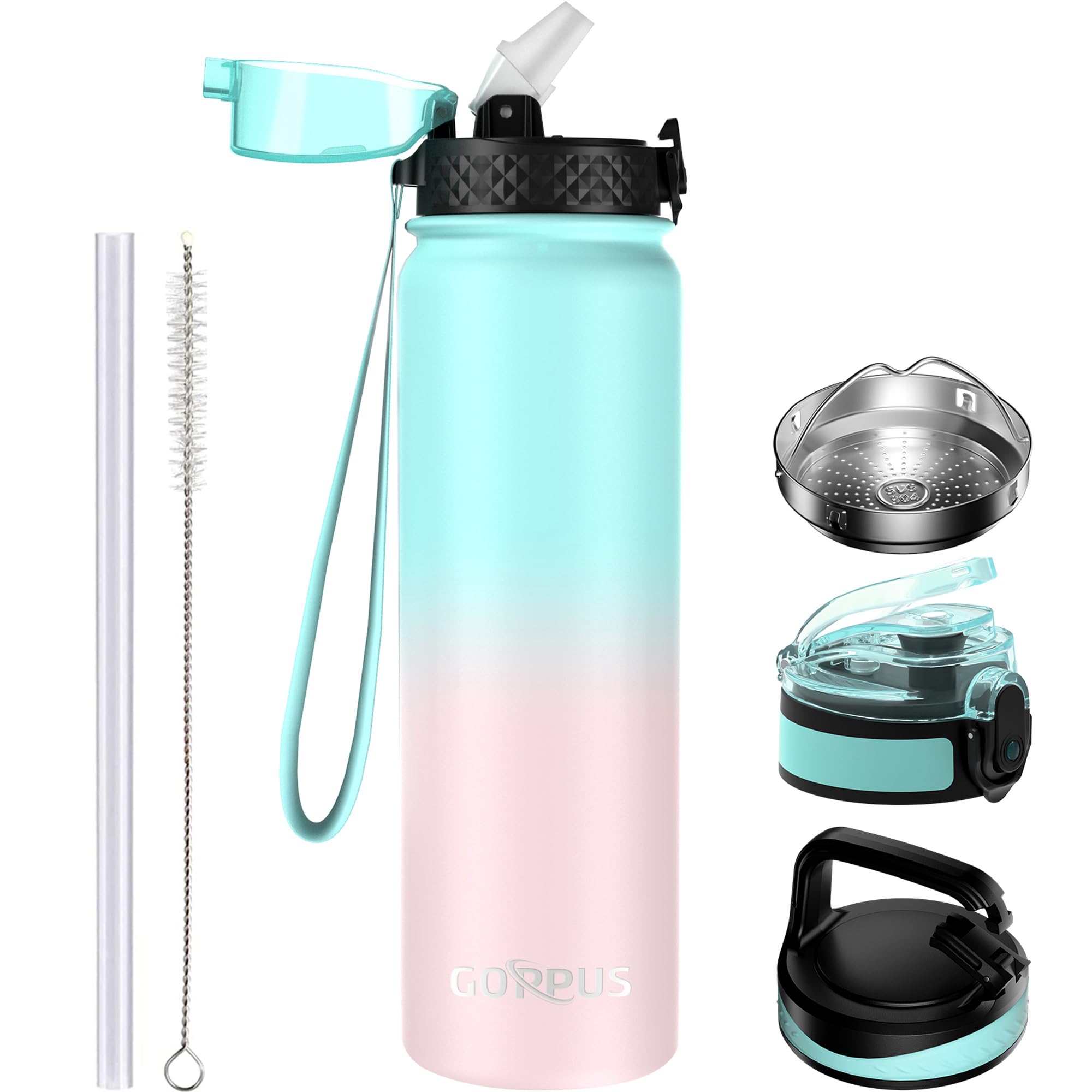 GOPPUS 1L/32oz Stainless Water Bottle with Straw Double Wall Insulated Bottles with Strap Reusable Vacuum Thermal Flask Leakproof Keep Cold Drinks Bottles with Flip Top Lid for Gym Men Women BPA Free