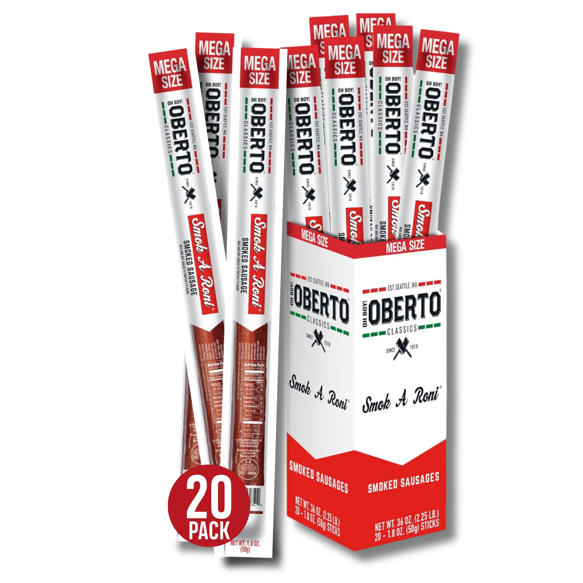 Oberto Classics Smok-A-Roni Smoked Sausage Mega Size, Oh Boy! Oberto Beef & Pork Sausage XL Meat Stick, Peperoni Style Protein Snacks, 1.8 Ounce (Pack of 20) Image
