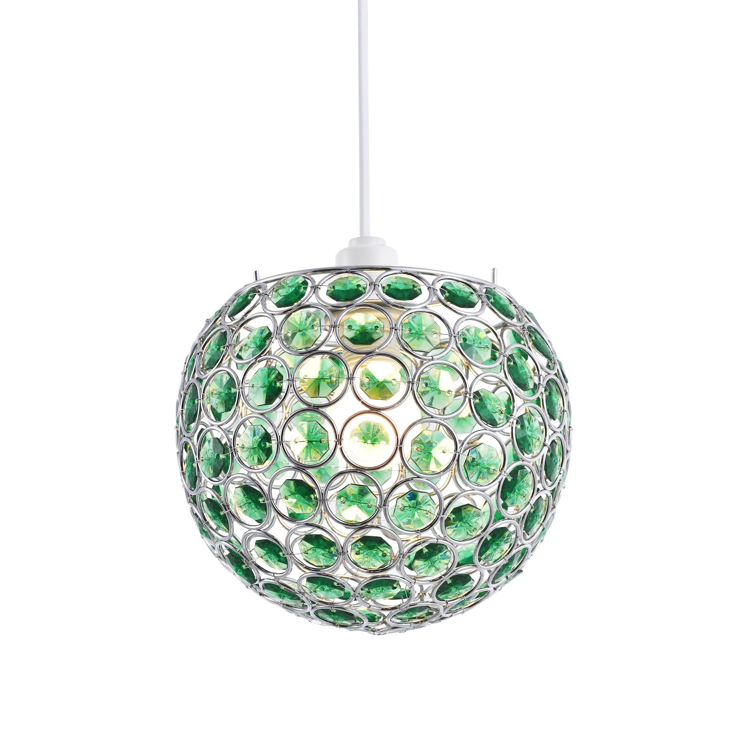 Modern Round Globe Easy Fit Pendant Shade with Small Forest Green Acrylic Bead Jewels | 18cm Diameter | 60w Maximum | Simple Installation by Happy Homewares