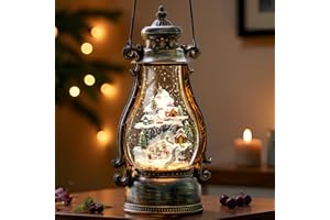 QUALDOUT 14.2" Christmas Village Buildings Tall Snow Globe Lantern Water Glittering Snowman Family with Music & Timer, USB Lined/Battery Operated Lighted Lantern for Christmas Festival Decoration Gifts