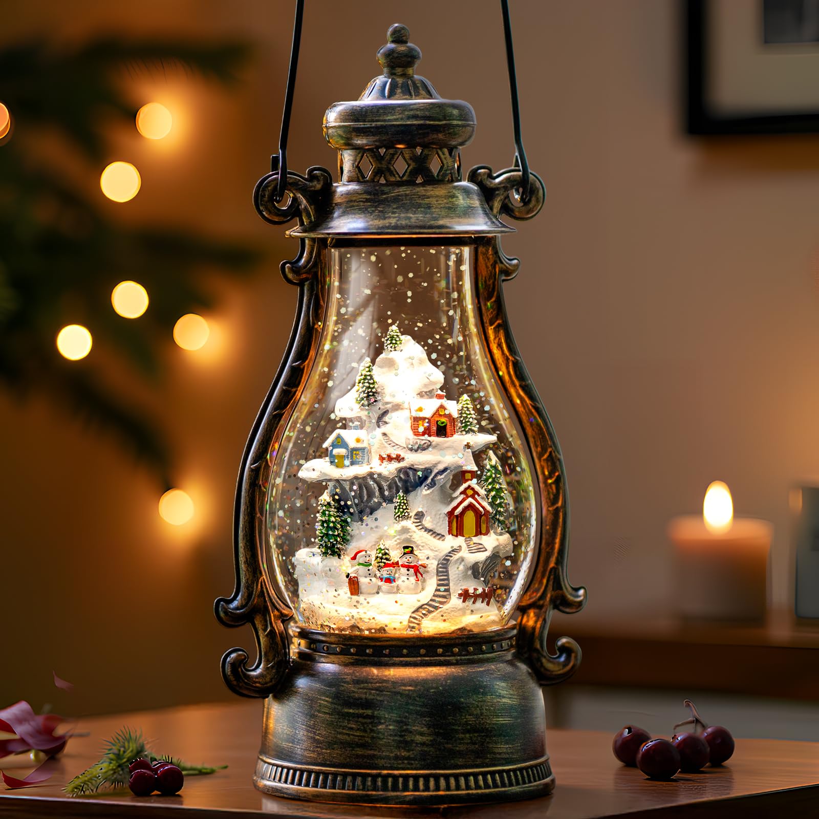 View 1 of 14.2" Christmas Village Buildings Tall Snow Globe Lantern Water Glittering Snowman Family with Music & Timer, USB Lined/Battery Operated Lighted Lantern for Christmas Festival Decoration Gifts