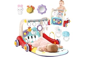Jovow 2 in 1 Baby Gym with Walker,Baby Play Mat with 5 Infant Learning Sensory,Double-Sided Multifunctional Removable Play Piano Panel ,Sit-to-Stand Learning Walker for 0-24 Months Boy Girl