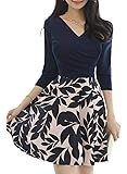 Drimmaks Women's 3/4 Sleeve Wrap V Neck Ruched Floral Casual A Line Skater Dress