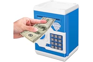 Renvdsa Electronic Password Piggy Bank Kids Safe Bank Mini ATM Electronic Money Save Box Cash Coin Can (Blue White)