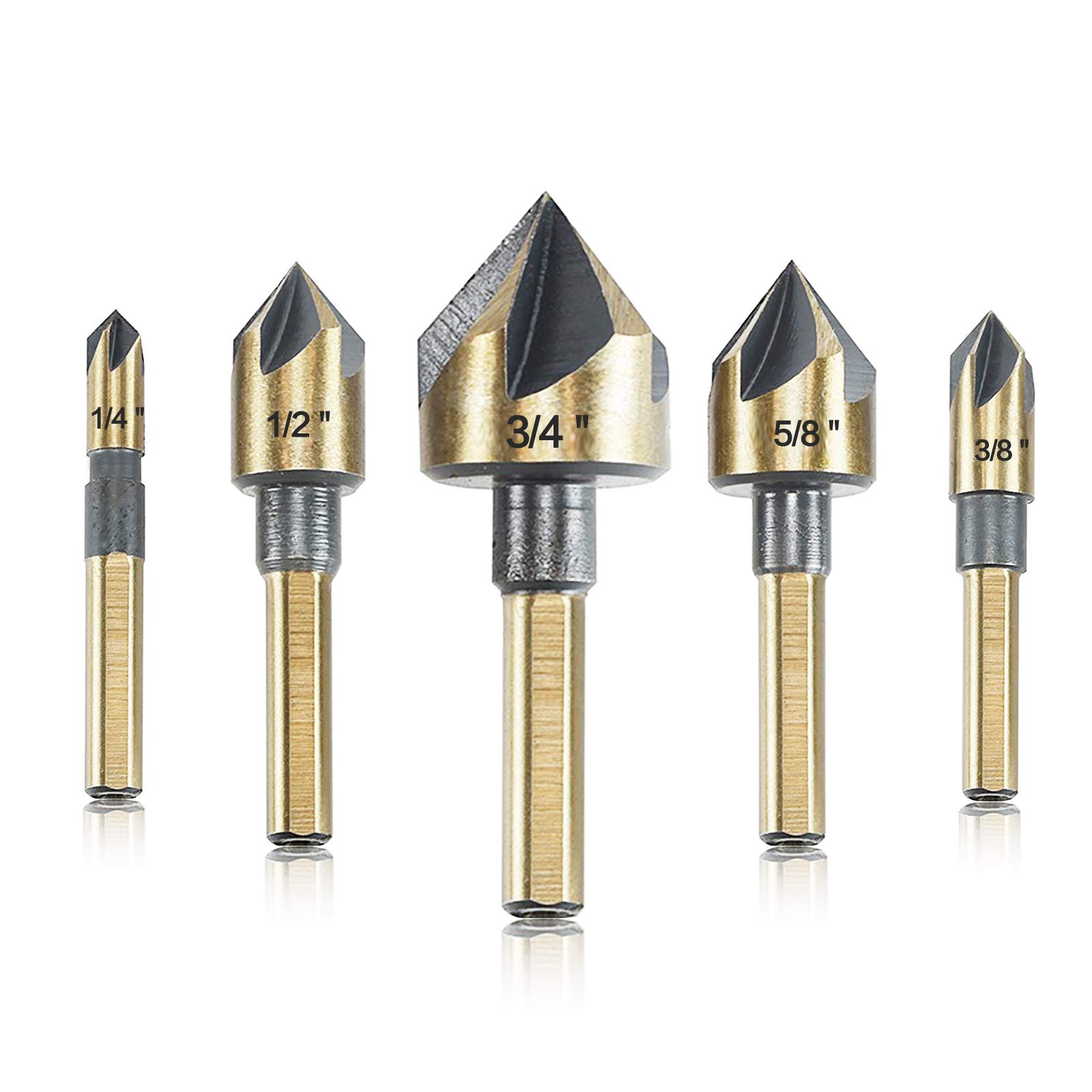Countersink Drill Bit Set, 5 Pieces High Speed Steel 82 Degree 5 Flute 6mm Round Shank Mill Cutter Bit Countersink in Sizes 1/4” 3/8” 1/2” 5/8” 3/4” Set with Carrying Case. — image 1