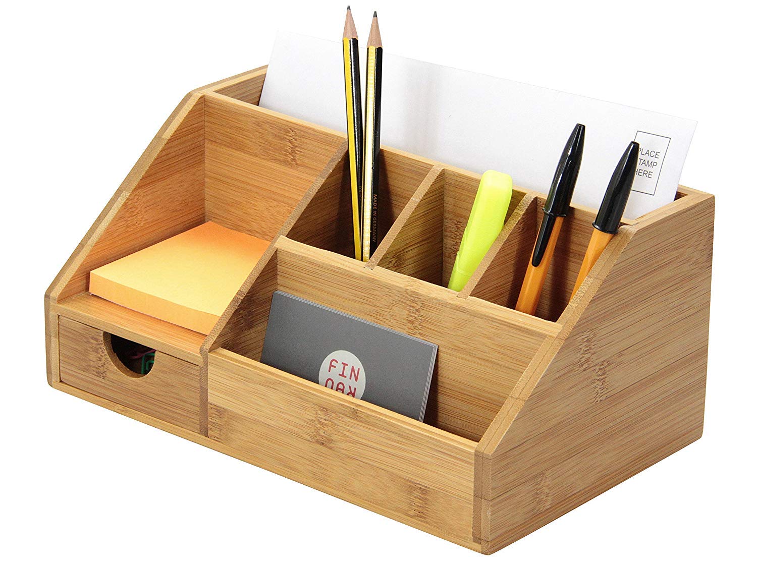 Demeuble Bamboo Desk Organizer, School Art Supply Holder, Multi-Function Remote Contro Storage Caddy Compartments Home Office Organizer