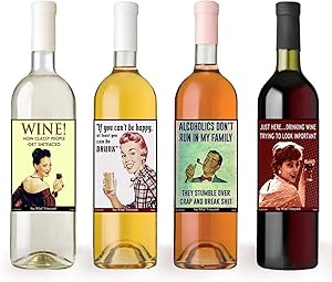 American Art Classics Funny Retro Vintage Themed Liquid Therapy Wine Bottle Labels - Set of 8 Wine Bottle Labels - 5 Inch X 4 Inch