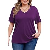 Women's Plus Size Short Sleeve Tops Curved V Neck Casual Loose Fit Shirts Summer Blouses 2025 Trendy Clothes