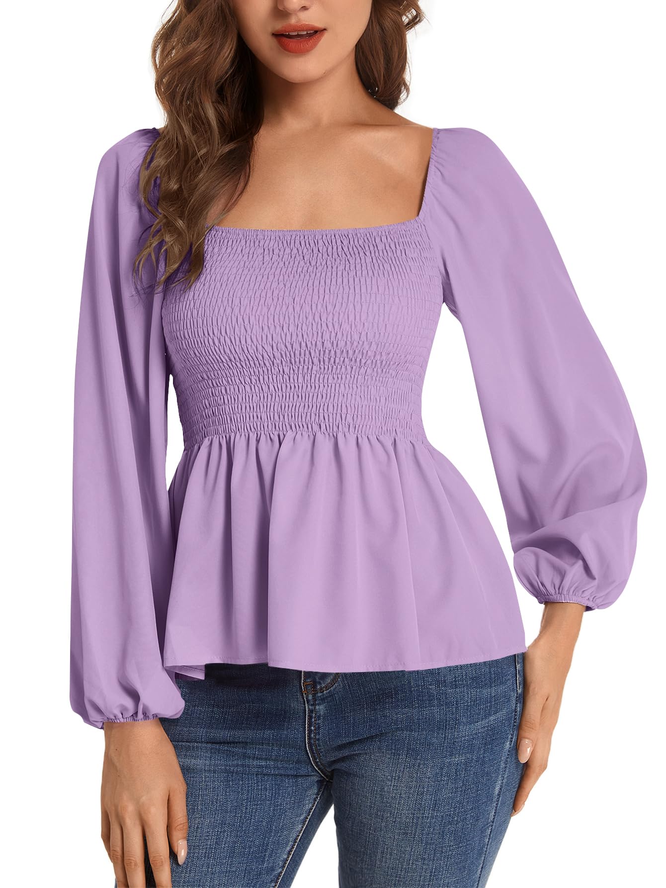 Photo 1 of (XL) (BAGGED) (USED/FAIR) Umenlele Women's Long Sleeve Square Neck Shirred Ruched Ruffle Peplum Blouse Shirt Tops Violet X-Large