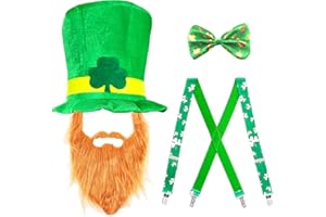Pinsway St. Patricks Day Velvet Top Hat with Fake Brown Beard Tie Suspenders Set Green Leprechaun Costume Accessories