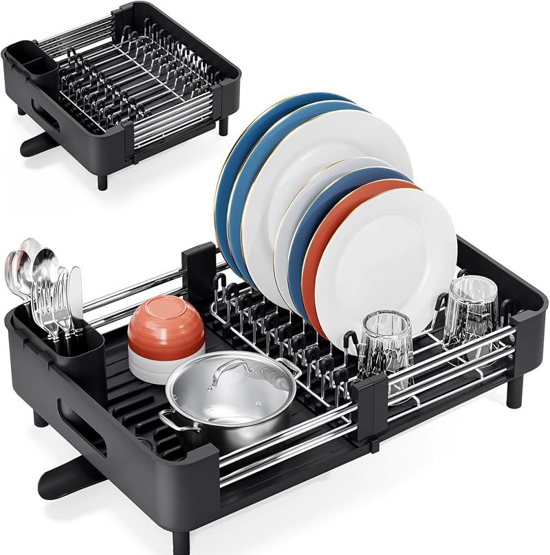 KINGRACK Extendable Dish Drainer Rack Stainless Steel Black