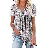 ROSELINLIN Women's Short Sleeve Shirts Floral Summer Tops Loose Fit for Leggings