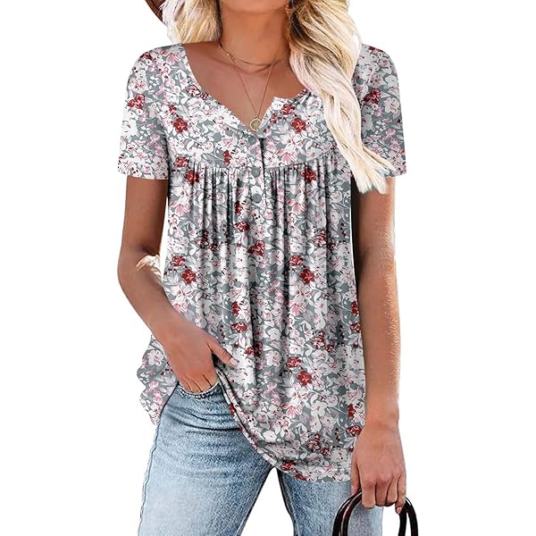 Womens Ruffle Short Sleeve Tunic Tops V Neck Loose Fit Flowy