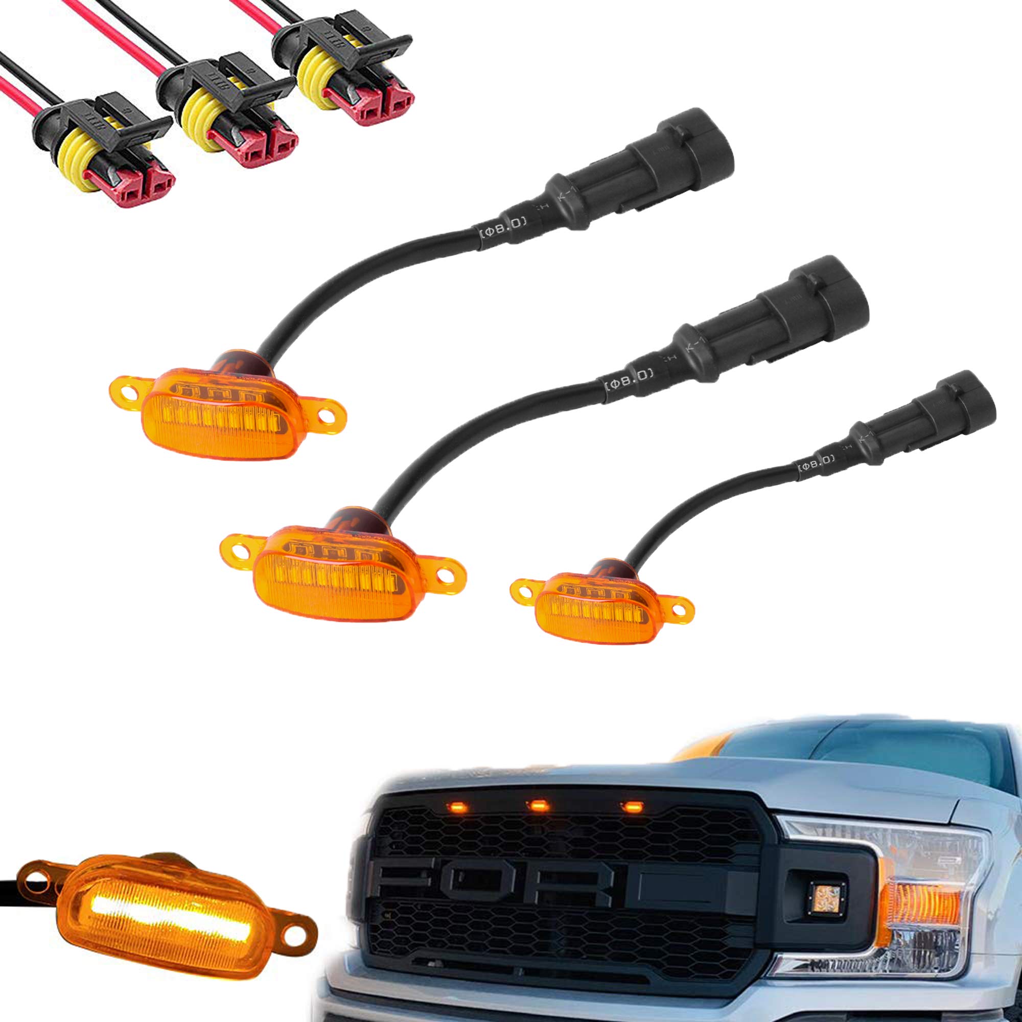 Photo 1 of BASIKER Auto Front Grille Lights for 2004-2019 Ford F150 F250 F350 External LED Decoration | 3 Pack Amber Lens