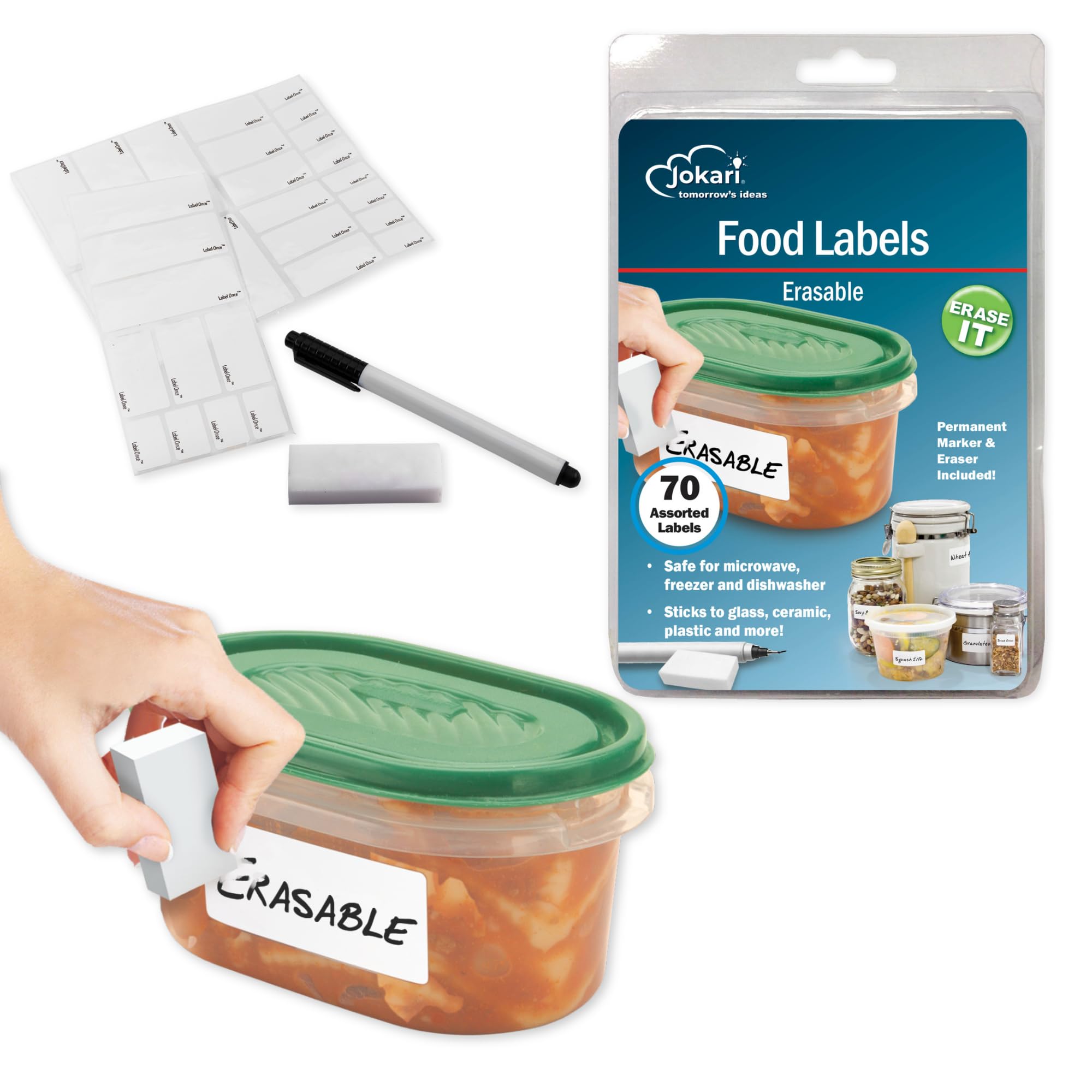 Jokari Label Once 47826 - Erasable Multi-Use Labels Starter Kit with 70 labels, Eraser and Pen