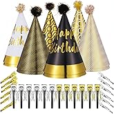 JOINPAYA 36 Pcs Party Birthday Hats Set – Gold Cone Hats with 12 Paper Party Hats and 24 Noise Makers for Kids and Adults Celebrations