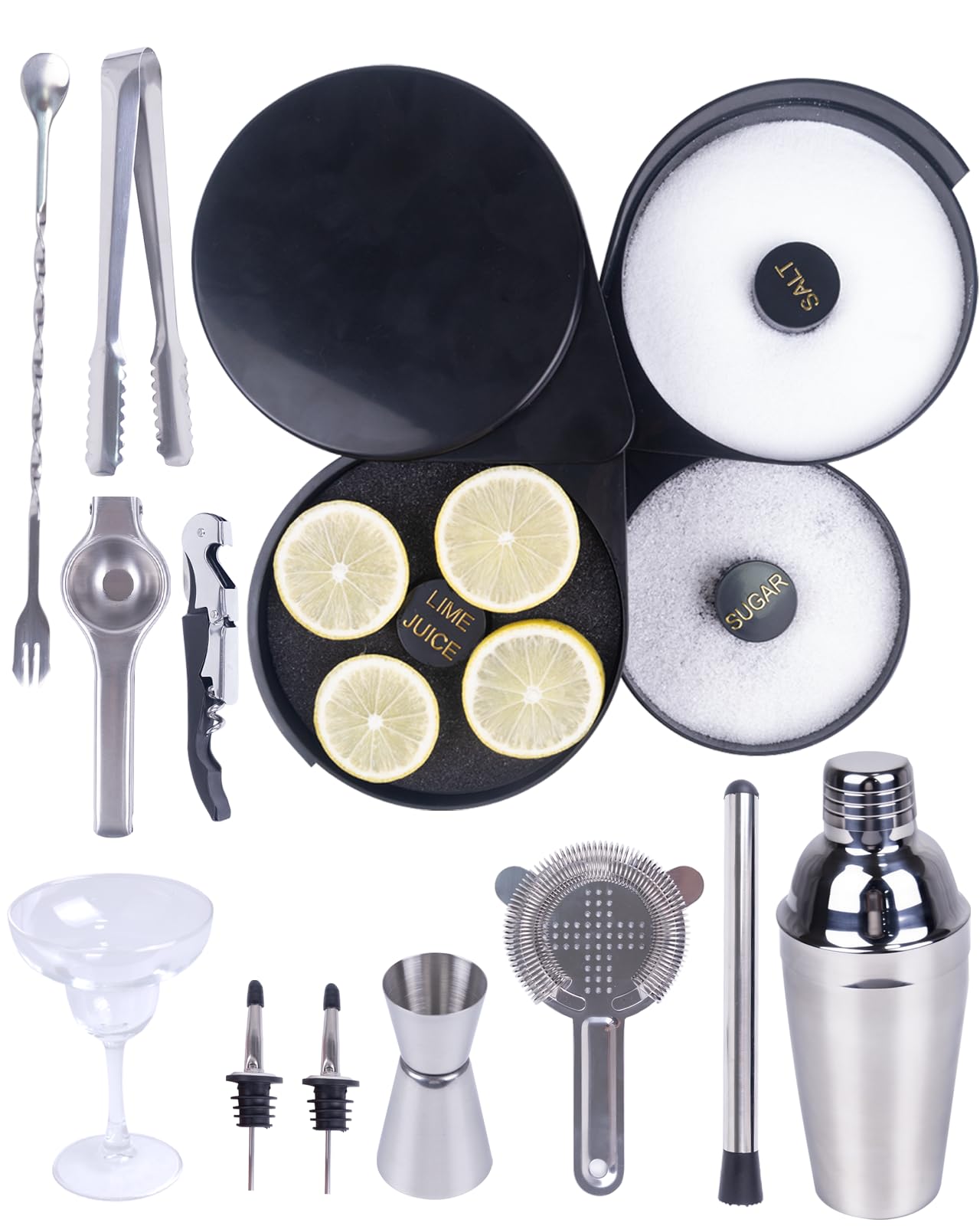 Photo 1 of 12Pcs Margarita Kit,Margarita Salt Rimmer Set,Includes Margarita Glasses (8.12oz),3-Tier Salt Rimmer,Shaker&Jigger,Strainer,Spoon,Ice Tongs,Liquor Pourers,Lemon Squeeze,Muddler,Bottle Opener