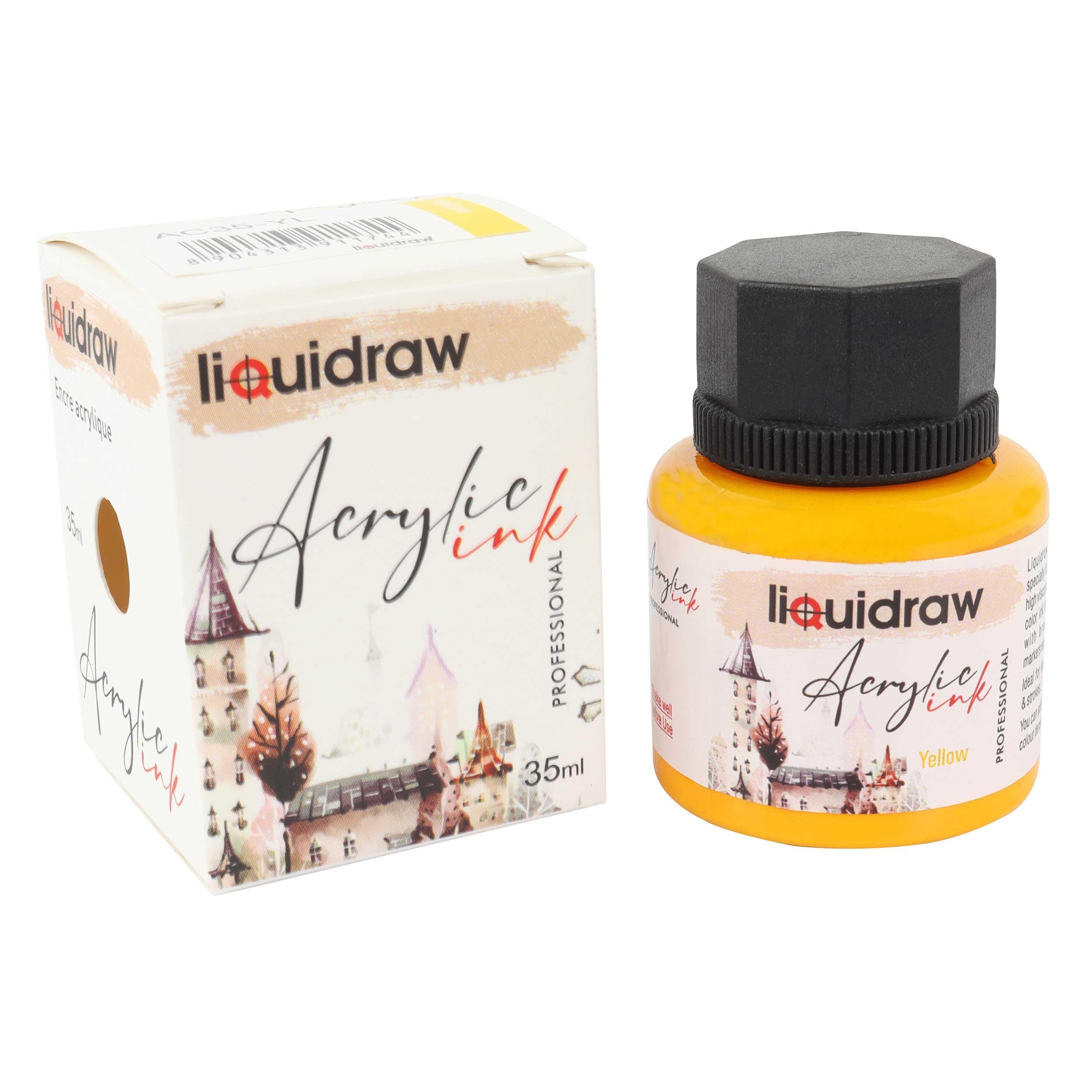 Liquidraw Acrylic Inks for Artists 20 Colours Black White Available Waterproof Ink 35ml Professional for Painting, Drawing, Paints, Art, Brushes, Paper, Board, Canvas, Fabric & Wood (Yellow)
