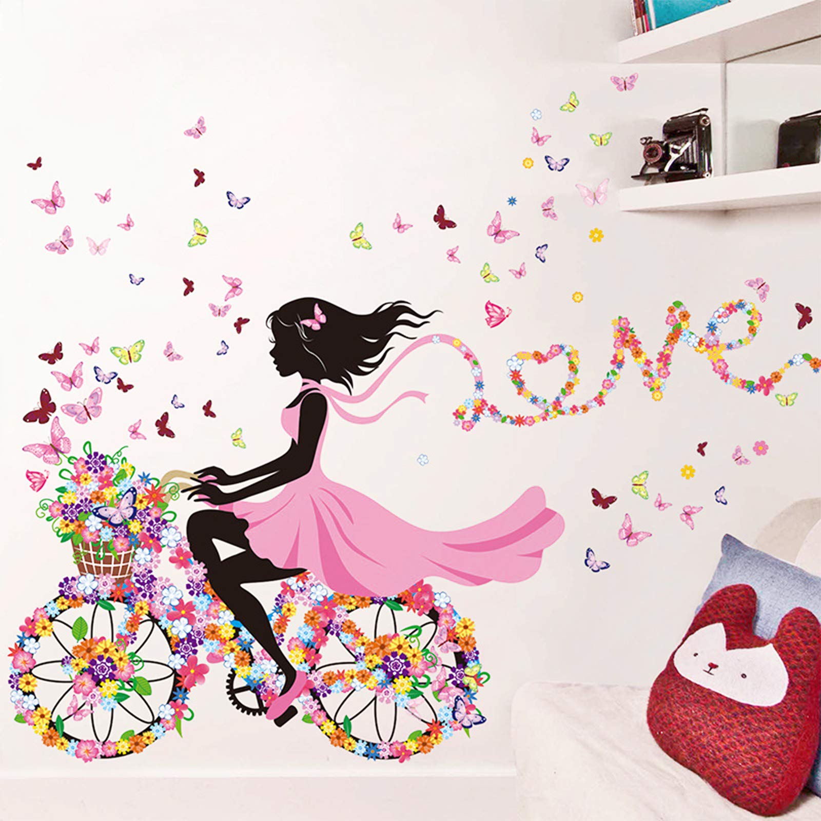 Flower Girl Riding Bicycle with Butterfly & Flower Wall Decals for Girls Bedroom, Romantic Lovely Flowers Butterflies Girl Wallpaper Mural, DIY Wall Art Stickers Decor Home Decorations (A)