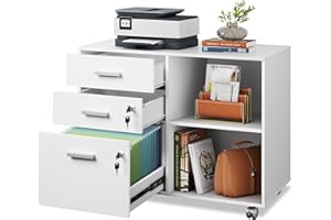 DEVAISE 3-Drawer Wood File Cabinet with Lock, Mobile Lateral Filing Cabinet, Printer Stand with Open Storage Shelves for Home Office, White