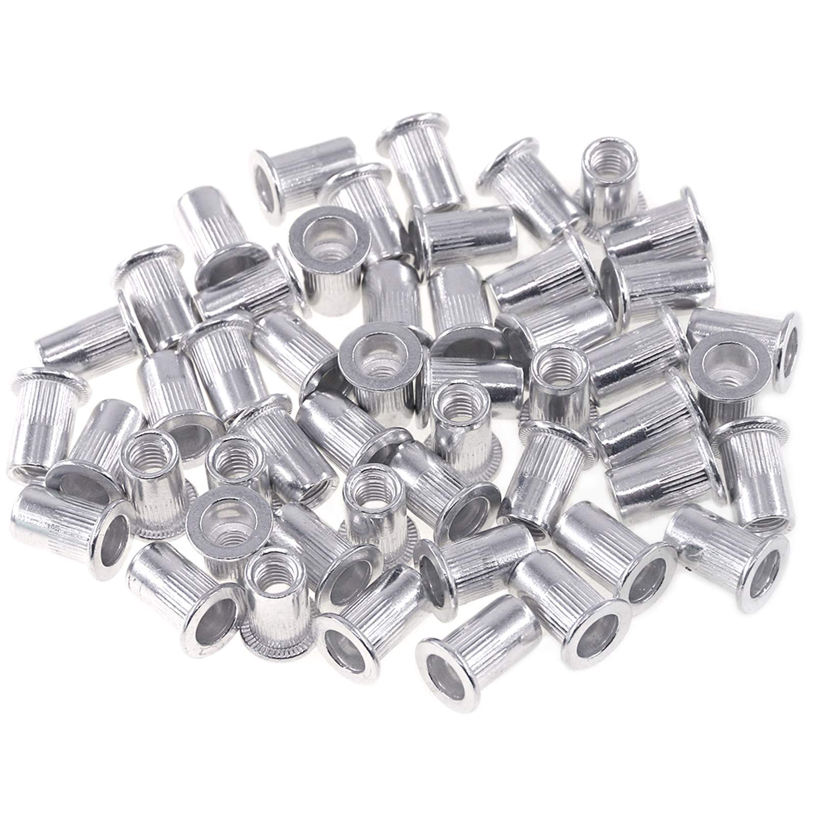 Keadic 100Pcs Rivet Nuts, Zinc Plated Carbon Steel Flat Head Threaded Insert Nutsert, Threaded Insert Rivet Nuts Assortment Set for Metal, Wood,Aluminium