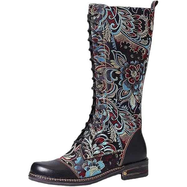 CrazycatZ Bohemian Knee High Boots - Leather Flat Boots With Colorful Pattern - View #8