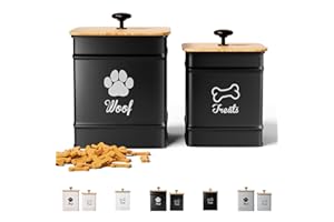HB DESIGN CO. Dog Treat Container Airtight Set of 2 - 8x6 & 7x5 inch Iron Dog Treat Jars for Kitchen Counter with Airtight Bamboo Lids - 20 Cup Capacity Pet Treat Container Set - Doggie Cookie Jar - Treats Canister