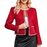 Women Cropped Tweed Blazer Jacket Long Sleeve Crewneck Open Front Pearl Trim Casual Fall Outfit with Pockets