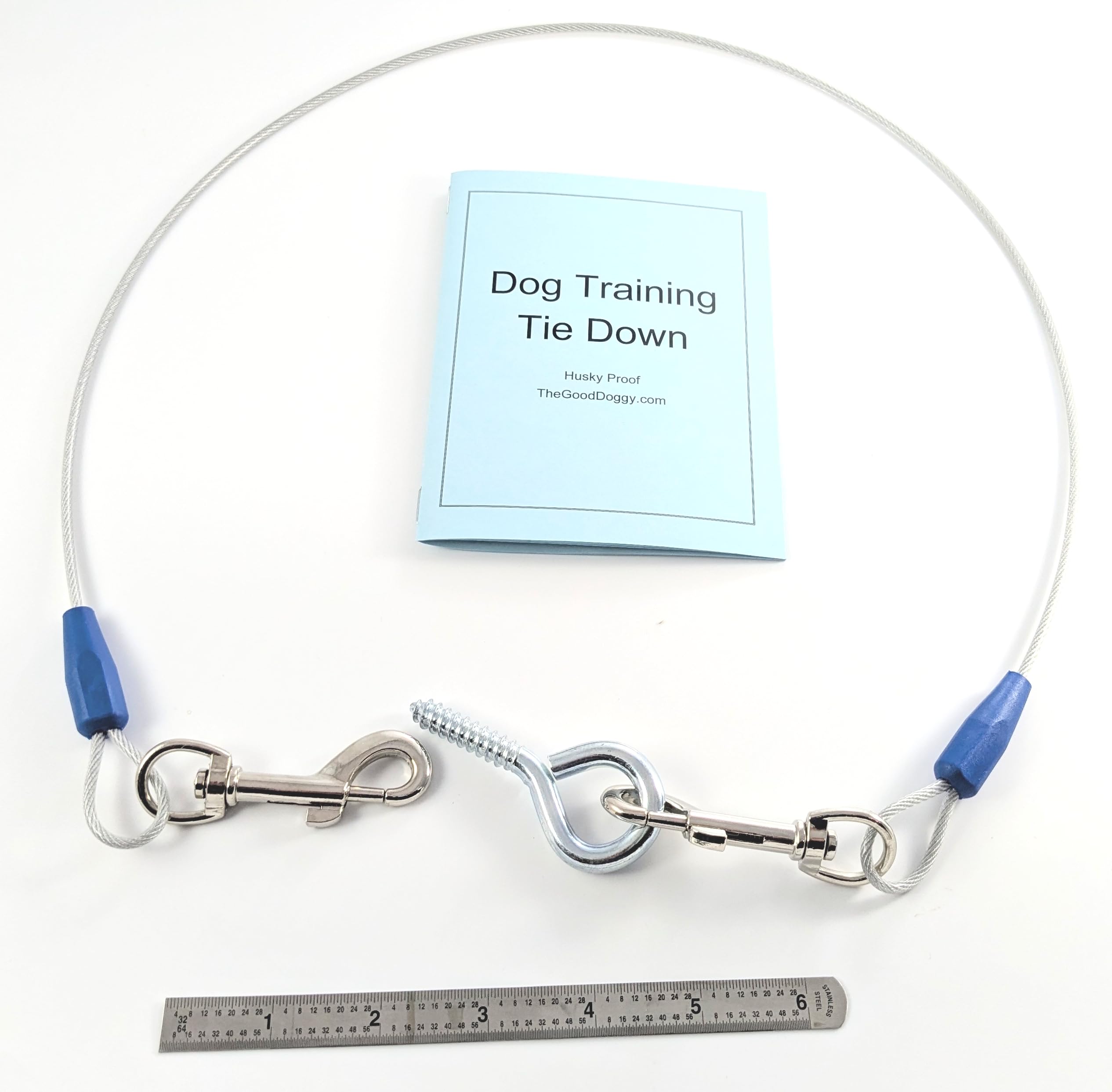 Dog Training Tie Out Cable, 3 Ft Begging Jumping Destructive Chewing Housetraining Counter Surfing Teething Puppy Potty Training Tether Chew Proof Cable (Tie-Down with Eye Screw)