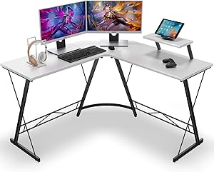 Coleshome L Shaped Desk Home Office Desk with Shelf, Gaming Computer Desk with Monitor Stand, PC Table Workstation with Shelf, White