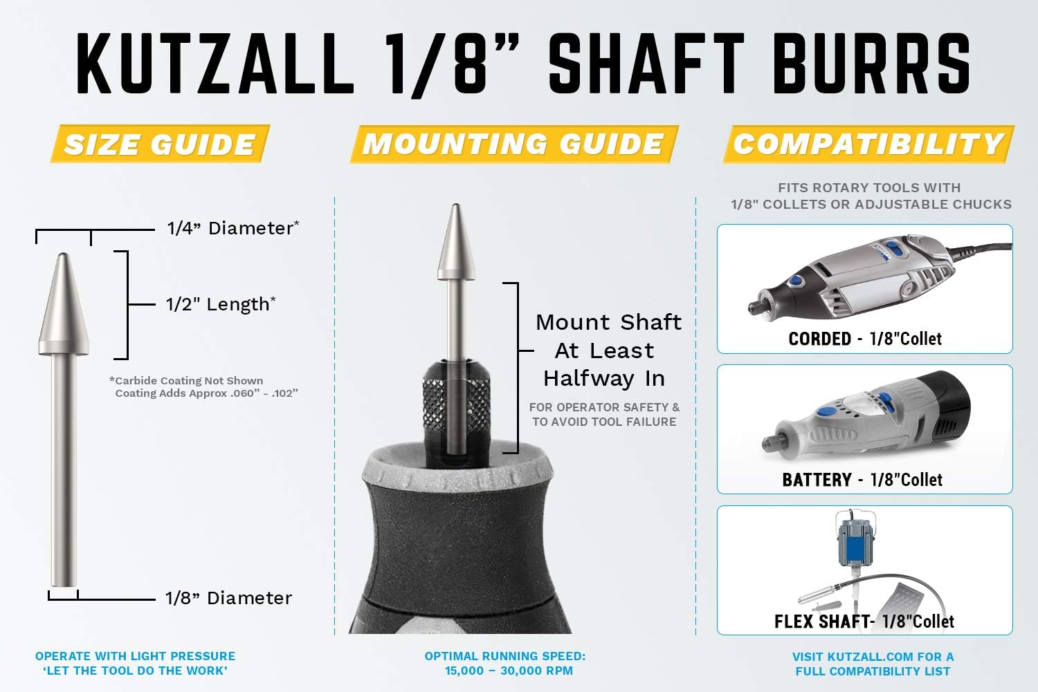 Kutzall Original Taper Rotary Burr, 1⁄8" Shaft, Coarse, Woodworking Attachment for Dremel Foredom, DeWalt - Image 4