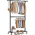 SONGMICS Heavy-Duty Clothes Rack, Double-Rod Clothing Rack for Hanging Clothes, Industrial Garment Rack on Wheels, Adjustable Metal Frame, 2 Casters with Brakes, Commercial Display, Black UHSR62BK